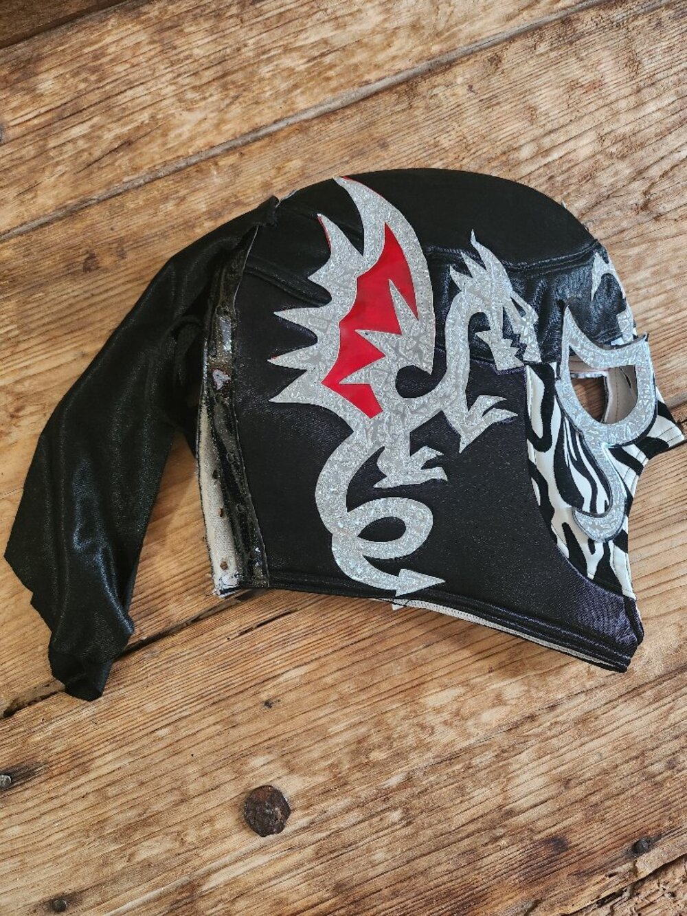Pentágono Style Lucha Libre Mask Black Silver Red Adjustable Lace Up Adult Size